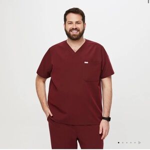 Figs Mens Burgundy V-Neck Scrub Top Leon